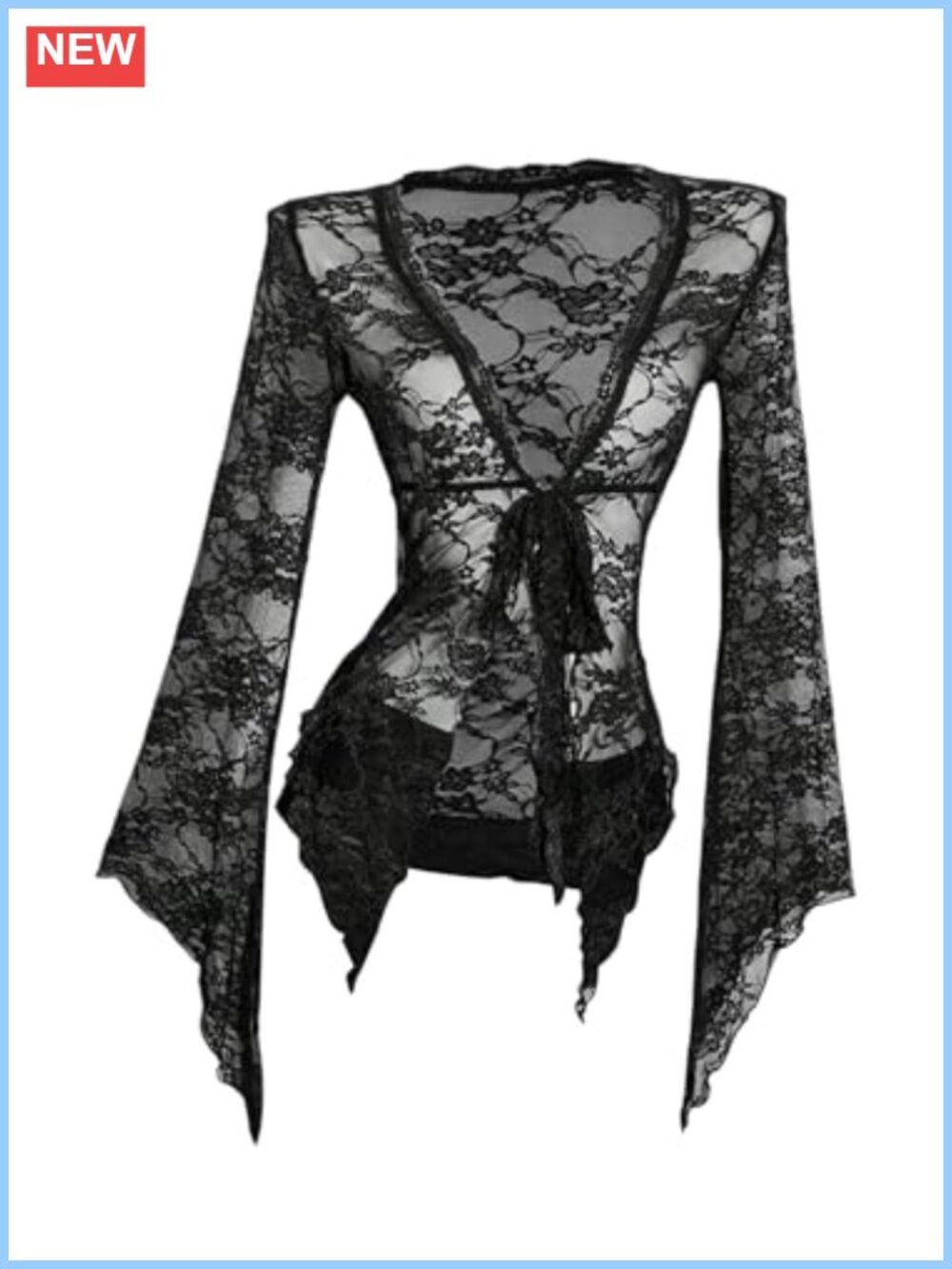 Women's Lace Sheer Cardigan Bell Sleeve Tie Front Top